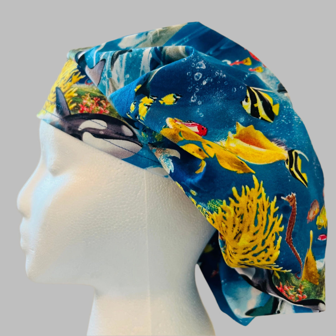 Bouffant Scrub Cap Ocean Life Print | Handmade Surgical Hat for Nurses, Surgeons &amp; Healthcare Professionals | Adjustable OR Cap | Satin Lining Option