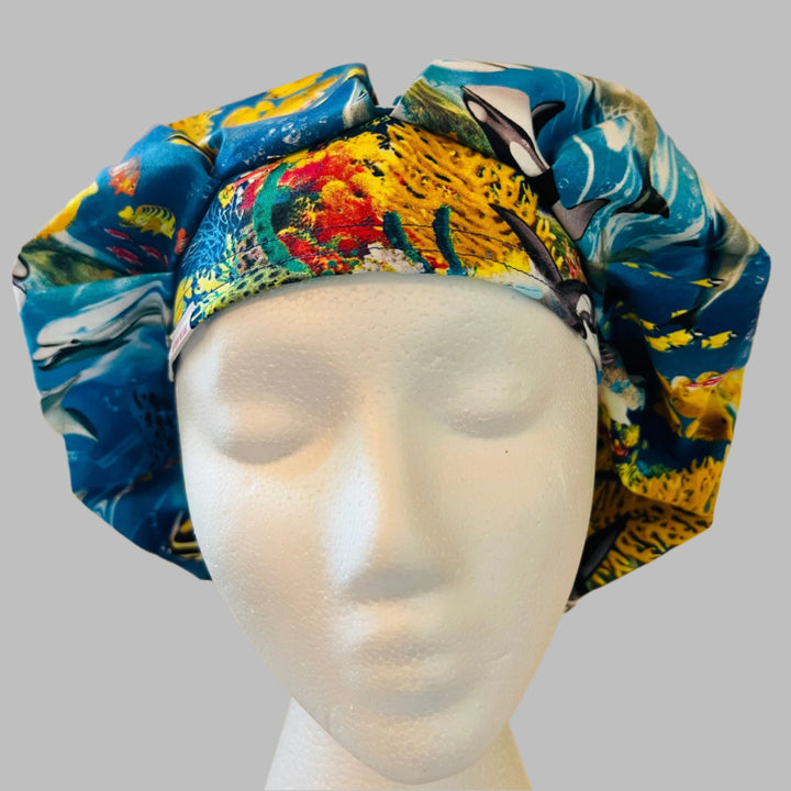 Bouffant Scrub Cap Ocean Life Print | Handmade Surgical Hat for Nurses, Surgeons &amp; Healthcare Professionals | Adjustable OR Cap | Satin Lining Option