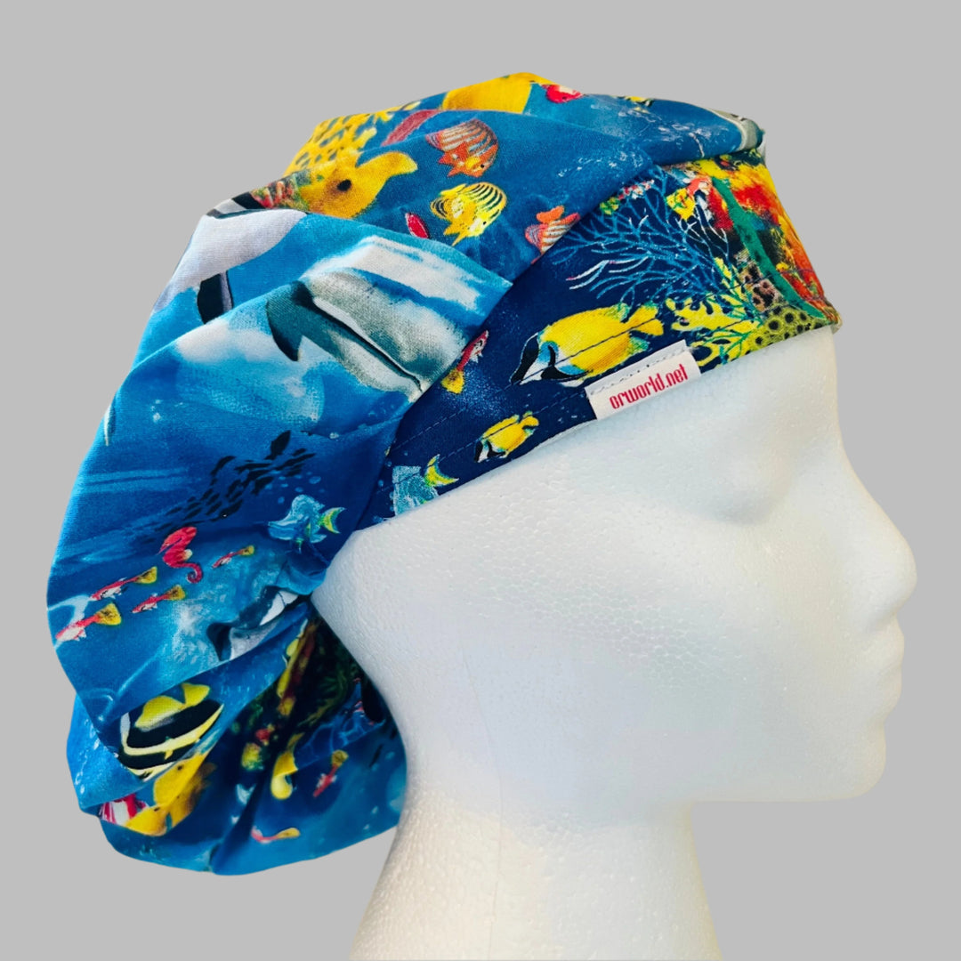 Bouffant Scrub Cap Ocean Life Print | Handmade Surgical Hat for Nurses, Surgeons & Healthcare Professionals | Adjustable OR Cap | Satin Lining Option