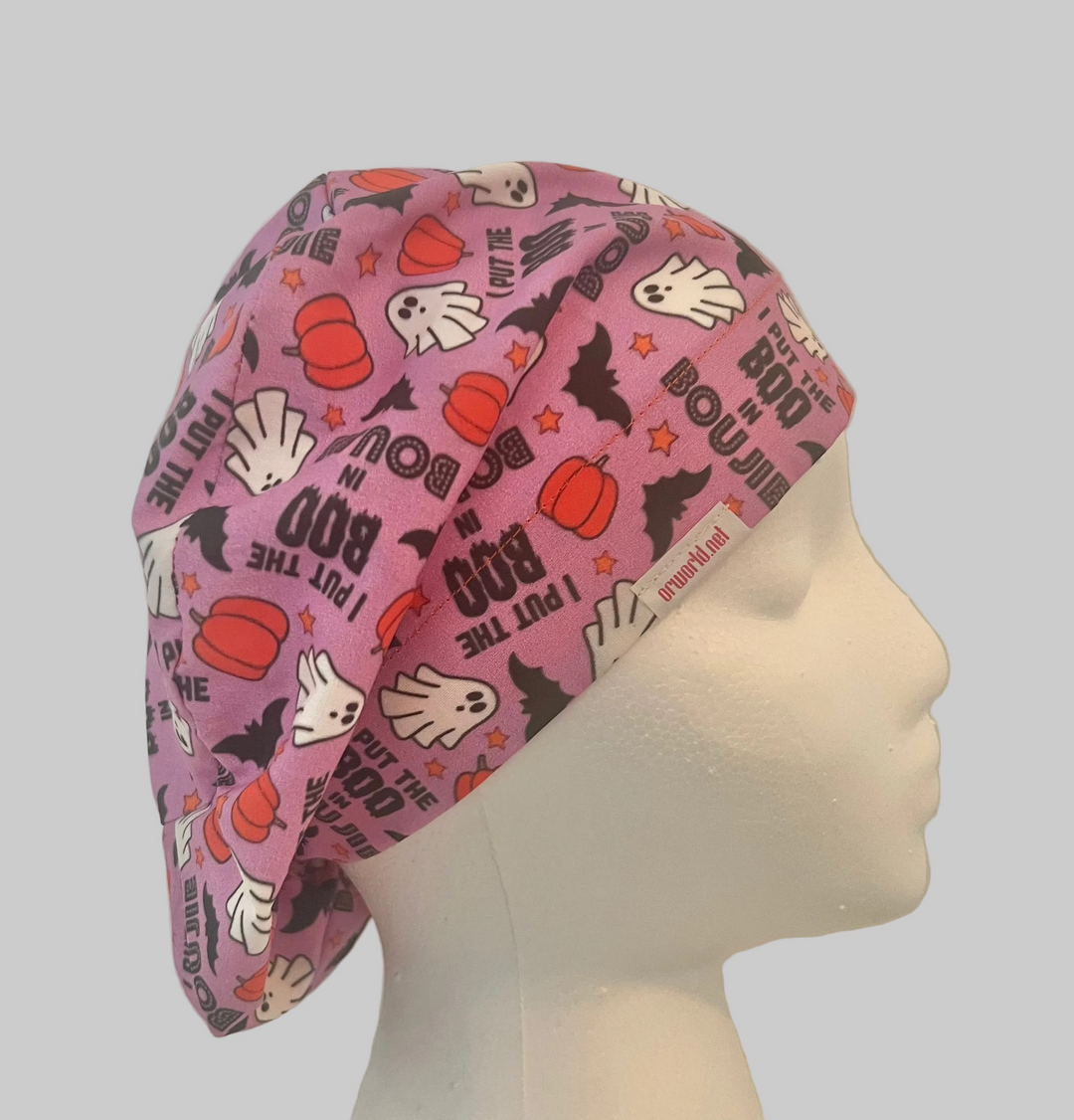 Pink Halloween Ghost & Pumpkin Euro Scrub Cap – “I Put the Boo in Boujee” Surgical Cap