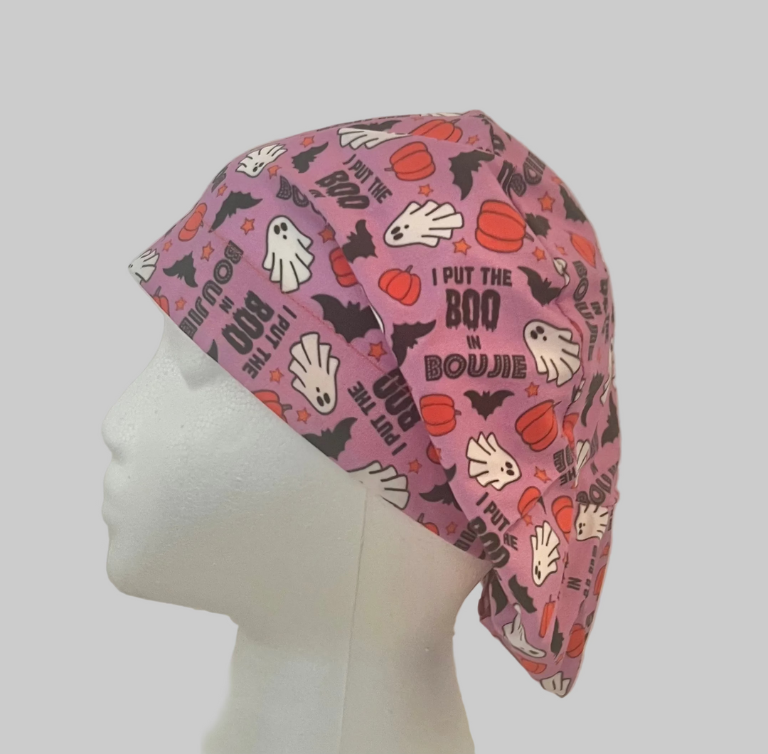 Pink Halloween Ghost &amp; Pumpkin Euro Scrub Cap – “I Put the Boo in Boujee” Surgical Cap