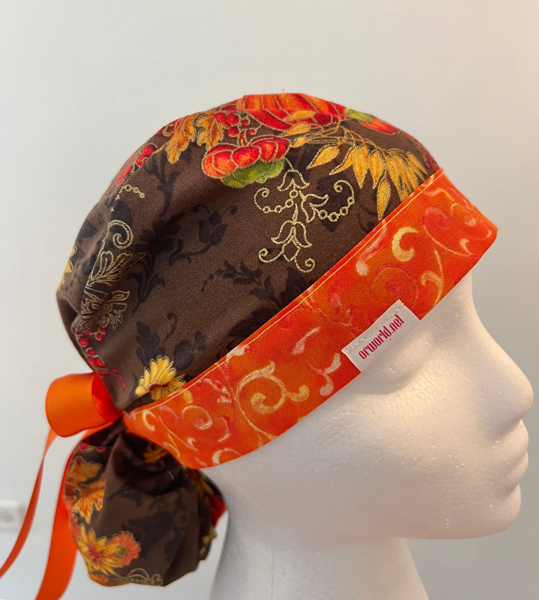 Scrub Cap Fall Harvest Floral Adjustable Tie Back Surgical Cap | Autumn Nurse Cap, OR Cap, Women’s Scrub Hat | Side View 2