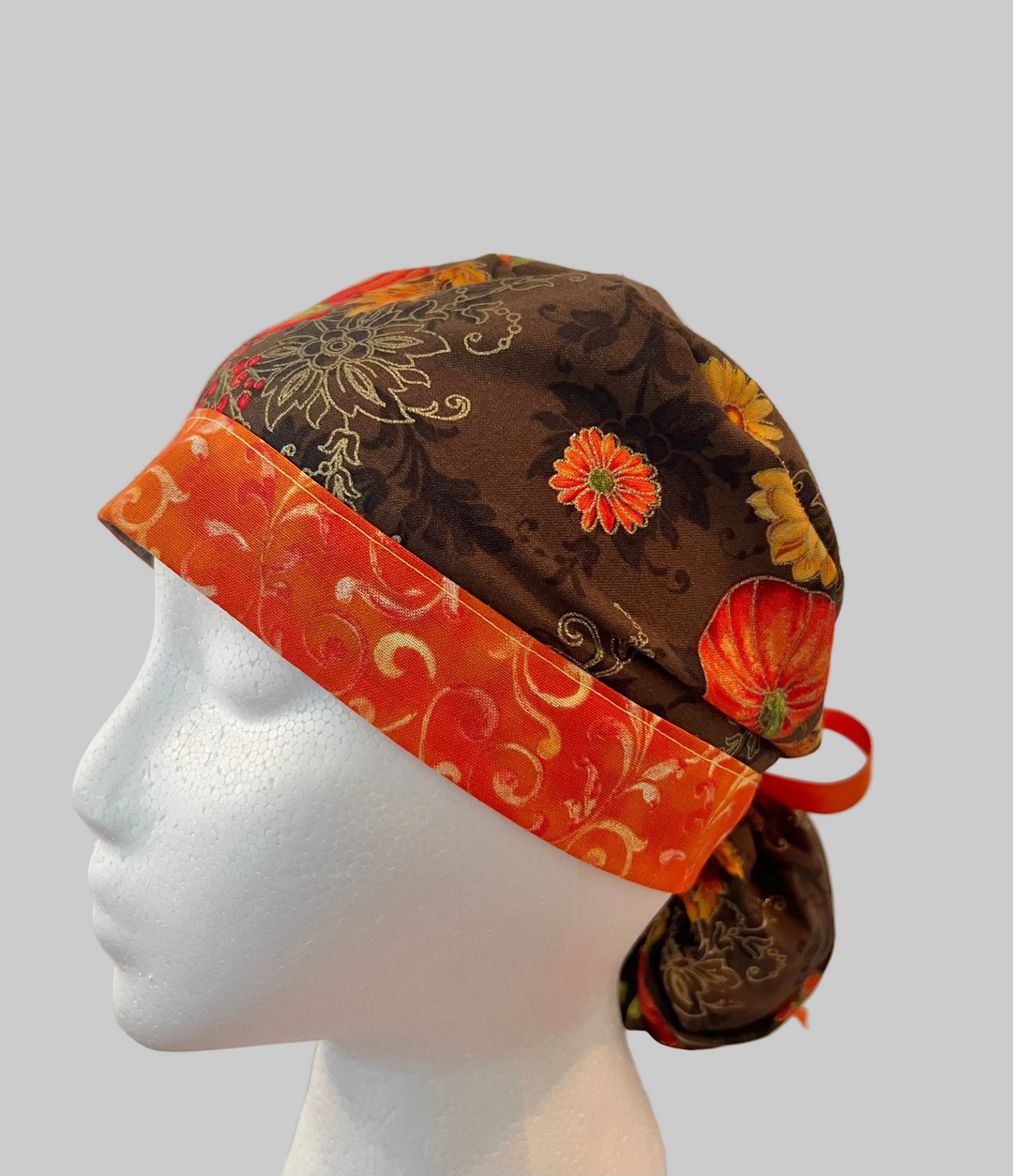 Scrub Cap Fall Harvest Floral Adjustable Tie Back Surgical Cap | Autumn Nurse Cap, OR Cap, Women’s Scrub Hat | Side View 1