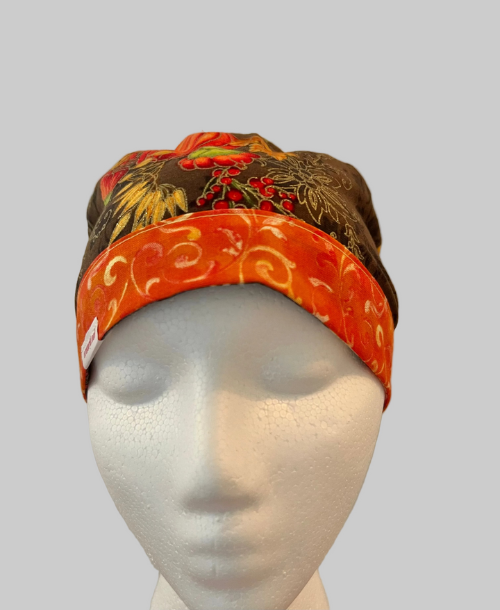 Scrub Cap Fall Harvest Floral Adjustable Tie Back Surgical Cap | Autumn Nurse Cap, OR Cap, Women’s Scrub Hat | Front View
