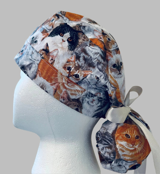 Ponytail Scrub Cap for Women Cat Lover Surgical Hat Cat Print Nurse Scrub Cap Feline Animal Scrub Cap Surgical Tech Veterinary Scrub Cap Long Hair Adjustable OR World Scrub Caps