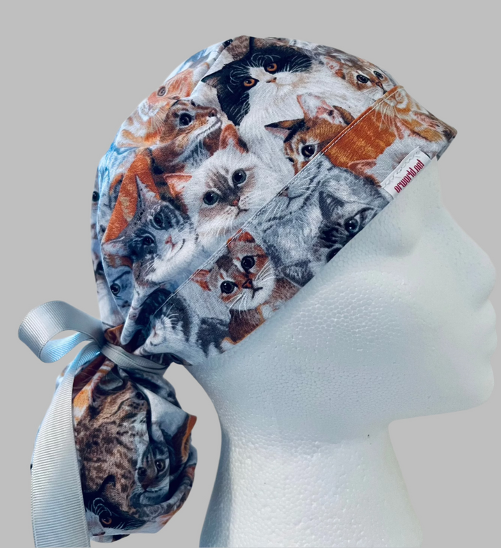 Ponytail Scrub Cap for Women Cat Lover Surgical Hat Cat Print Nurse Scrub Cap Feline Animal Scrub Cap Surgical Tech Veterinary Scrub Cap Long Hair Adjustable OR World Scrub Caps