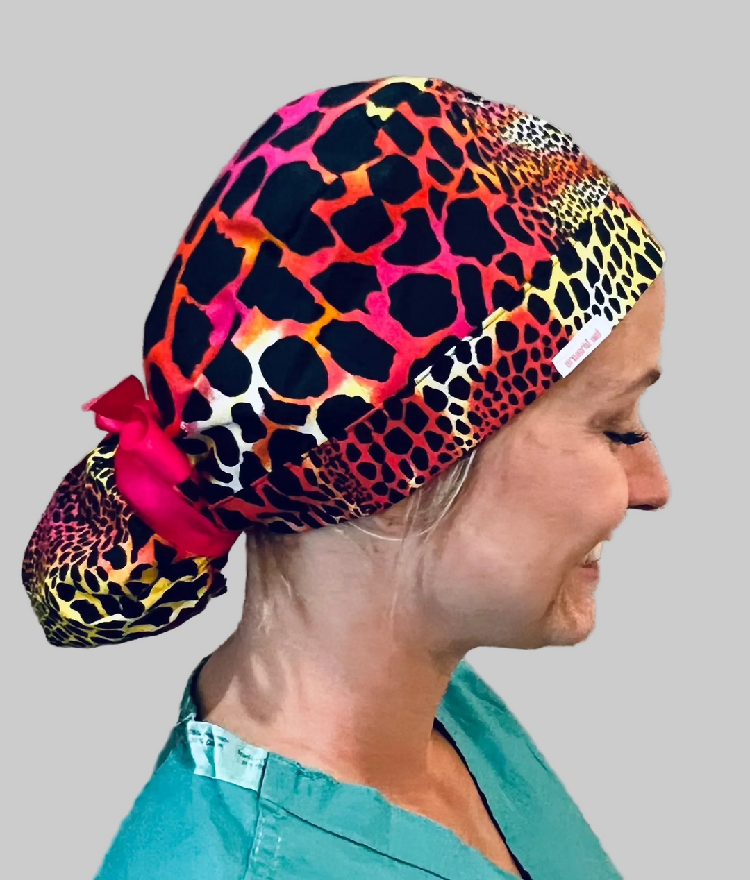 Ponytail Cheetah Print Scrub Cap | Neon Leopard Surgical Hat for Long Hair | Adjustable OR Cap | Satin Lining Option