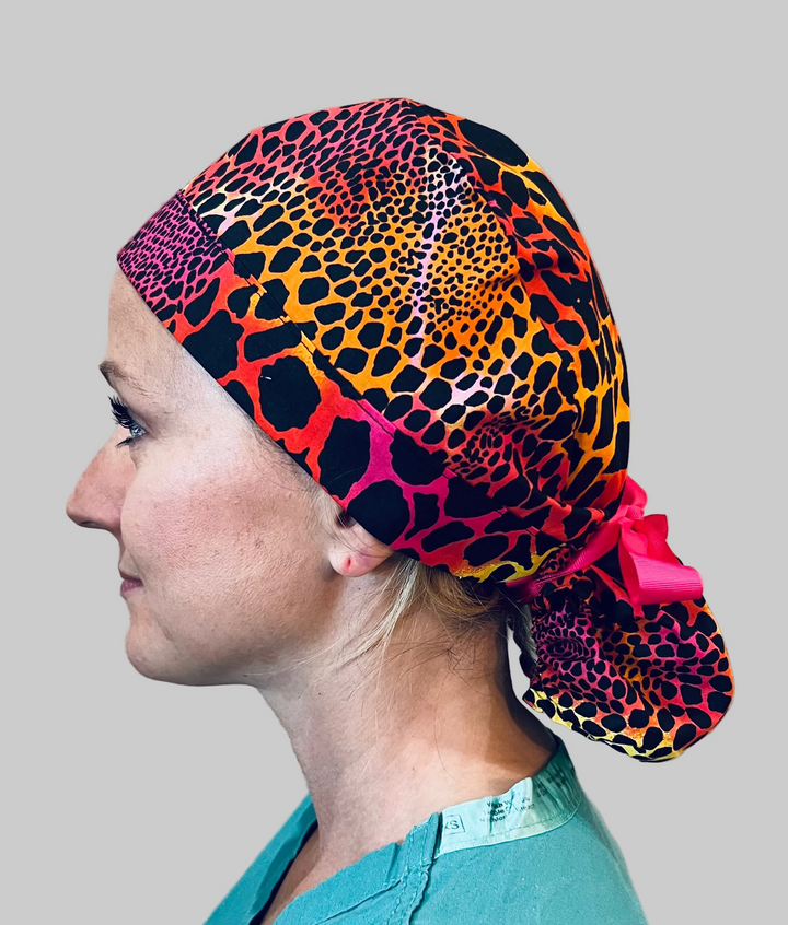 \Ponytail Cheetah Print Scrub Cap | Neon Leopard Surgical Hat for Long Hair | Adjustable OR Cap | Satin Lining Option