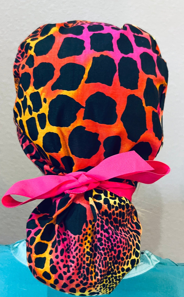 Ponytail Cheetah Print Scrub Cap | Neon Leopard Surgical Hat for Long Hair | Adjustable OR Cap | Satin Lining Option