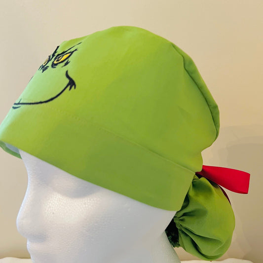 Ponytail surgical hat Christmas Green Grinch
