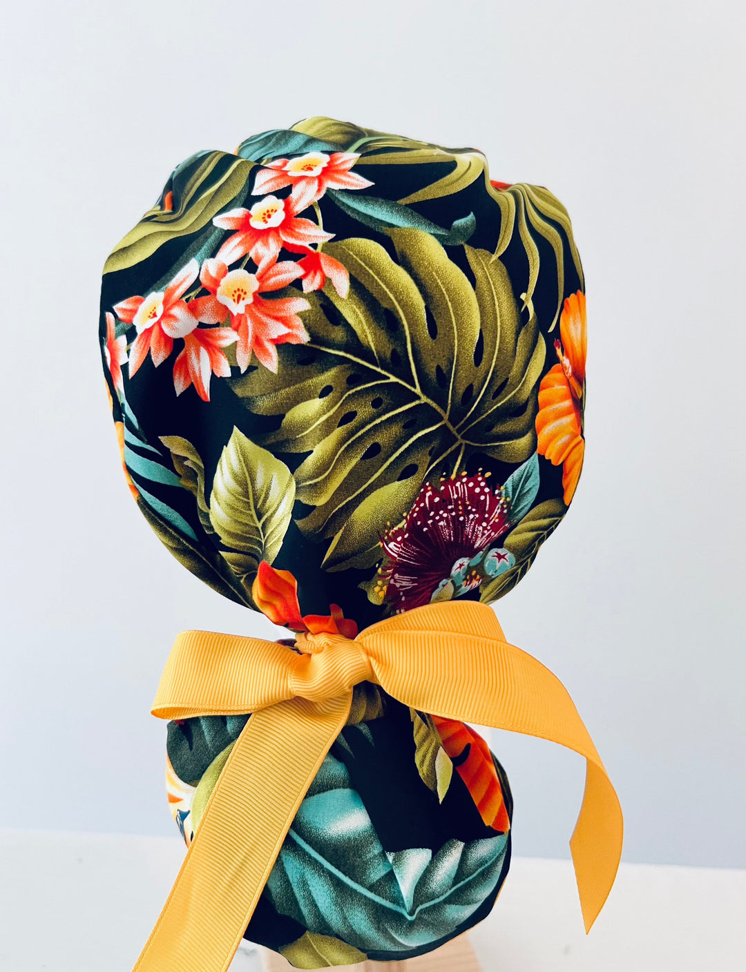 Tropical Floral Ponytail Scrub Cap – Hibiscus Surgical Cap for Long Hair | Adjustable Nurse Hat with Tie Back