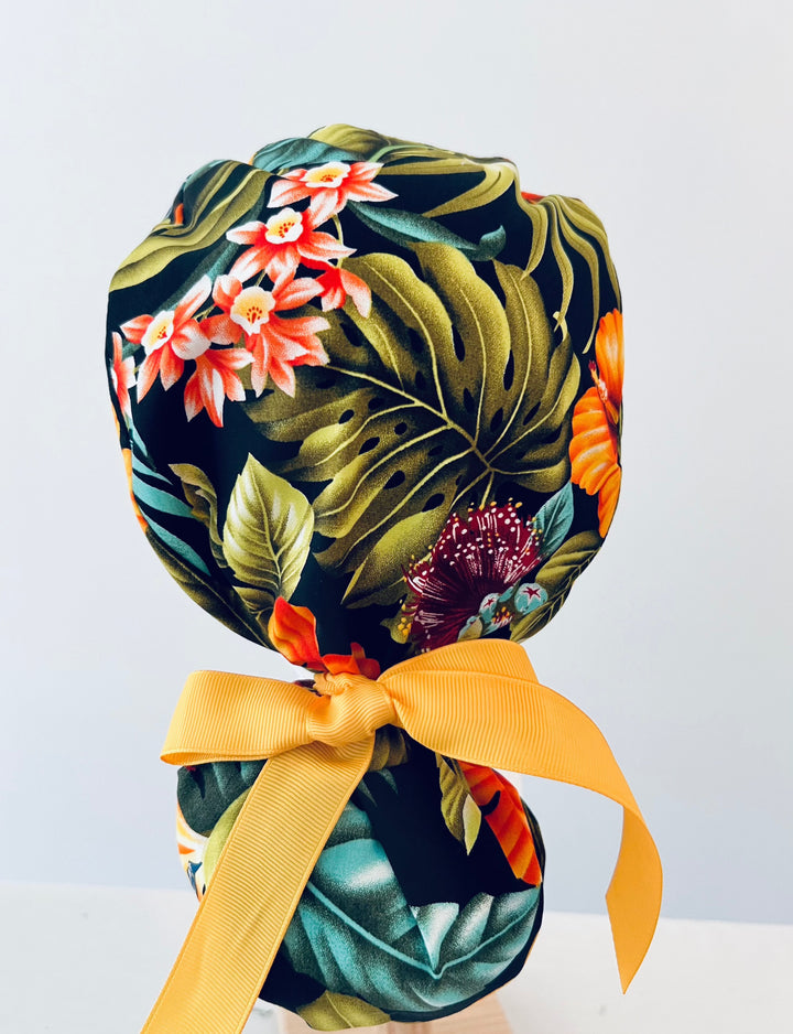 Tropical Floral Ponytail Scrub Cap – Hibiscus Surgical Cap for Long Hair | Adjustable Nurse Hat with Tie Back