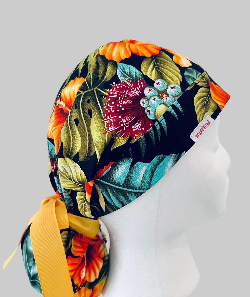 Tropical Floral Ponytail Scrub Cap – Hibiscus Surgical Cap for Long Hair | Adjustable Nurse Hat with Tie Back
