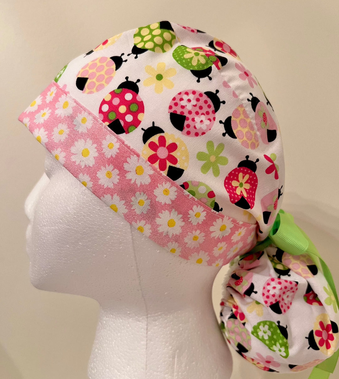 Ladybug Daisy Ponytail Scrub Cap – Adjustable Tie Back Surgical Cap for Long Hair | Cute Floral Nurse Hat