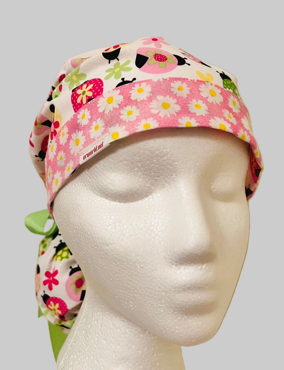 Ladybug Daisy Ponytail Scrub Cap – Adjustable Tie Back Surgical Cap for Long Hair | Cute Floral Nurse Hat