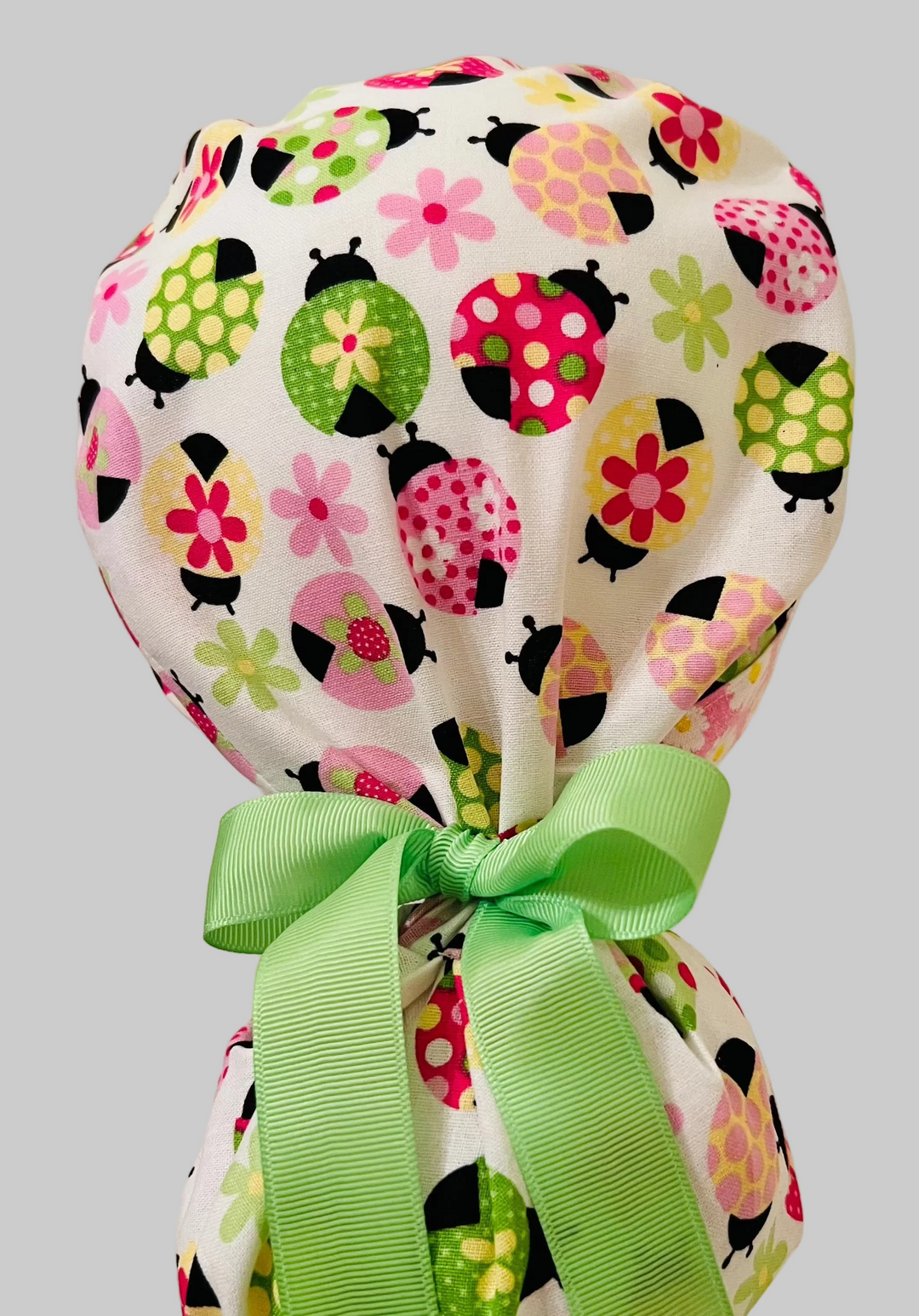 Ladybug Daisy Ponytail Scrub Cap – Adjustable Tie Back Surgical Cap for Long Hair | Cute Floral Nurse Hat