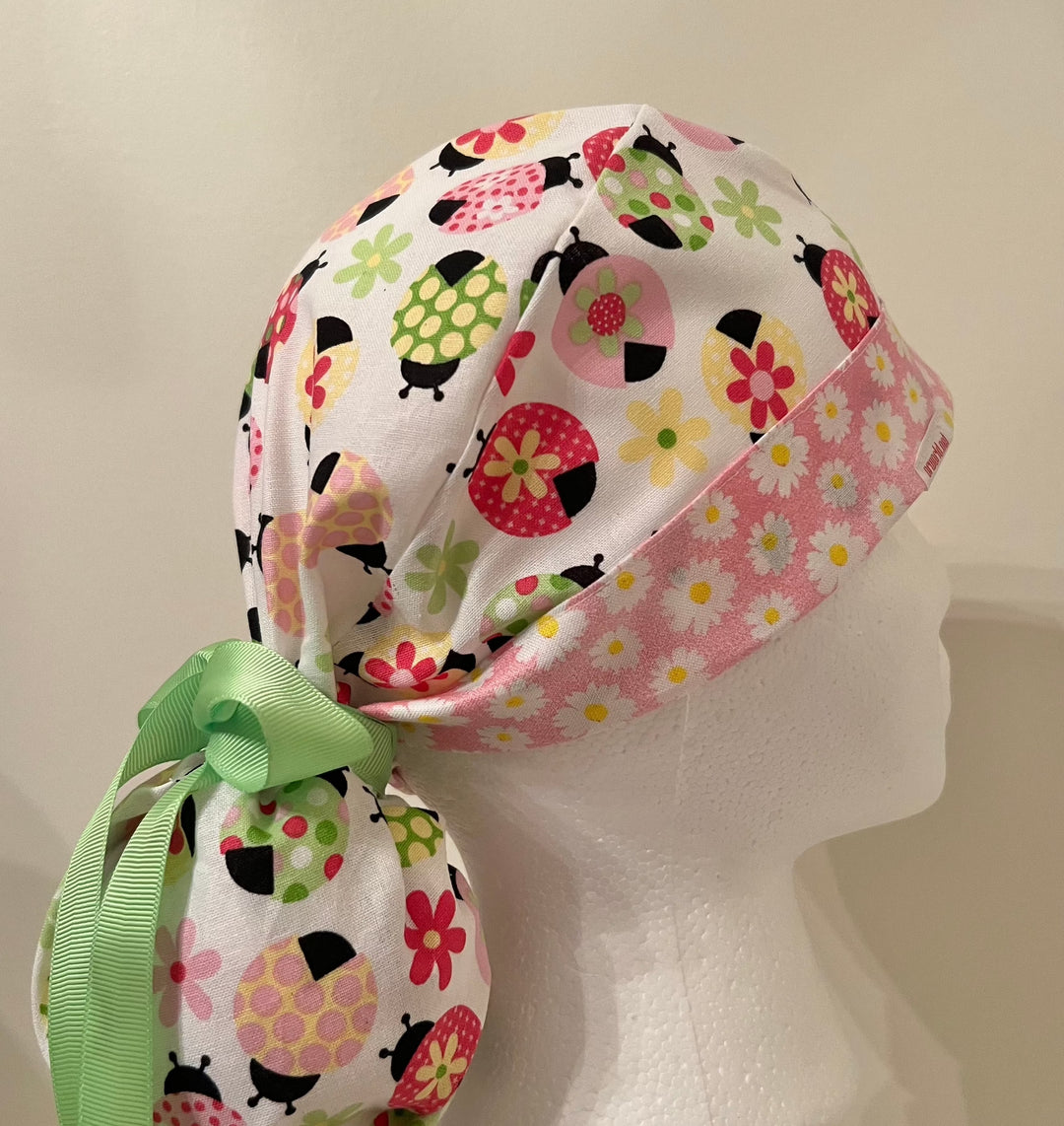 Ladybug Daisy Ponytail Scrub Cap – Adjustable Tie Back Surgical Cap for Long Hair | Cute Floral Nurse Hat