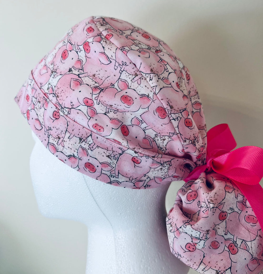 Ponytail Scrub Cap for Women Pig Animal Print Surgical Hat Farm Animal Nurse Scrub Cap Surgical Tech Scrub Cap Veterinary Scrub Cap Long Hair Adjustable Handmade OR World Scrub Caps