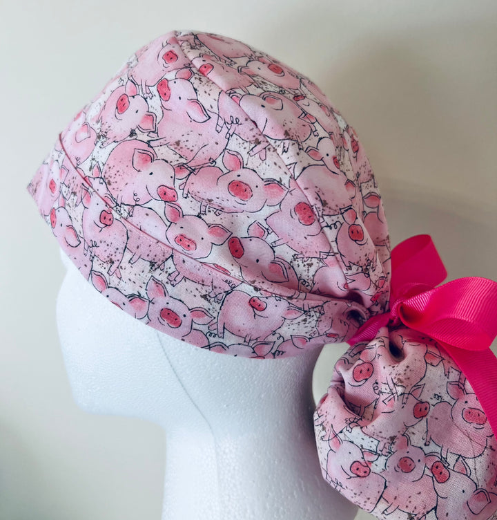 Ponytail Scrub Cap for Women Pig Animal Print Surgical Hat Farm Animal Nurse Scrub Cap Surgical Tech Scrub Cap Veterinary Scrub Cap Long Hair Adjustable Handmade OR World Scrub Caps