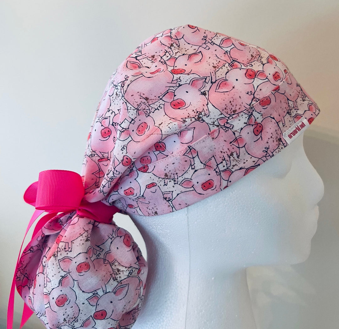Ponytail Scrub Cap for Women Pig Animal Print Surgical Hat Farm Animal Nurse Scrub Cap Surgical Tech Scrub Cap Veterinary Scrub Cap Long Hair Adjustable Handmade OR World Scrub Caps