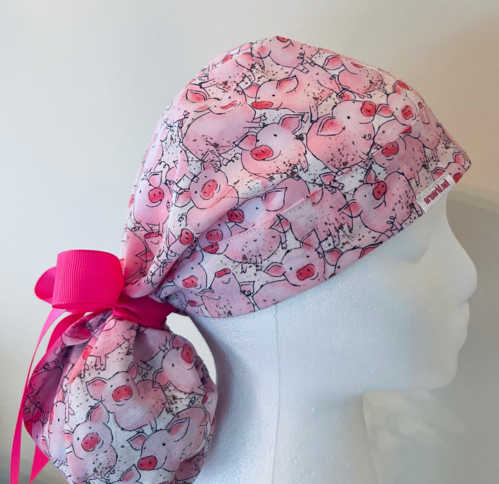Ponytail Scrub Cap for Women Pig Animal Print Surgical Hat Farm Animal Nurse Scrub Cap Surgical Tech Scrub Cap Veterinary Scrub Cap Long Hair Adjustable Handmade OR World Scrub Caps