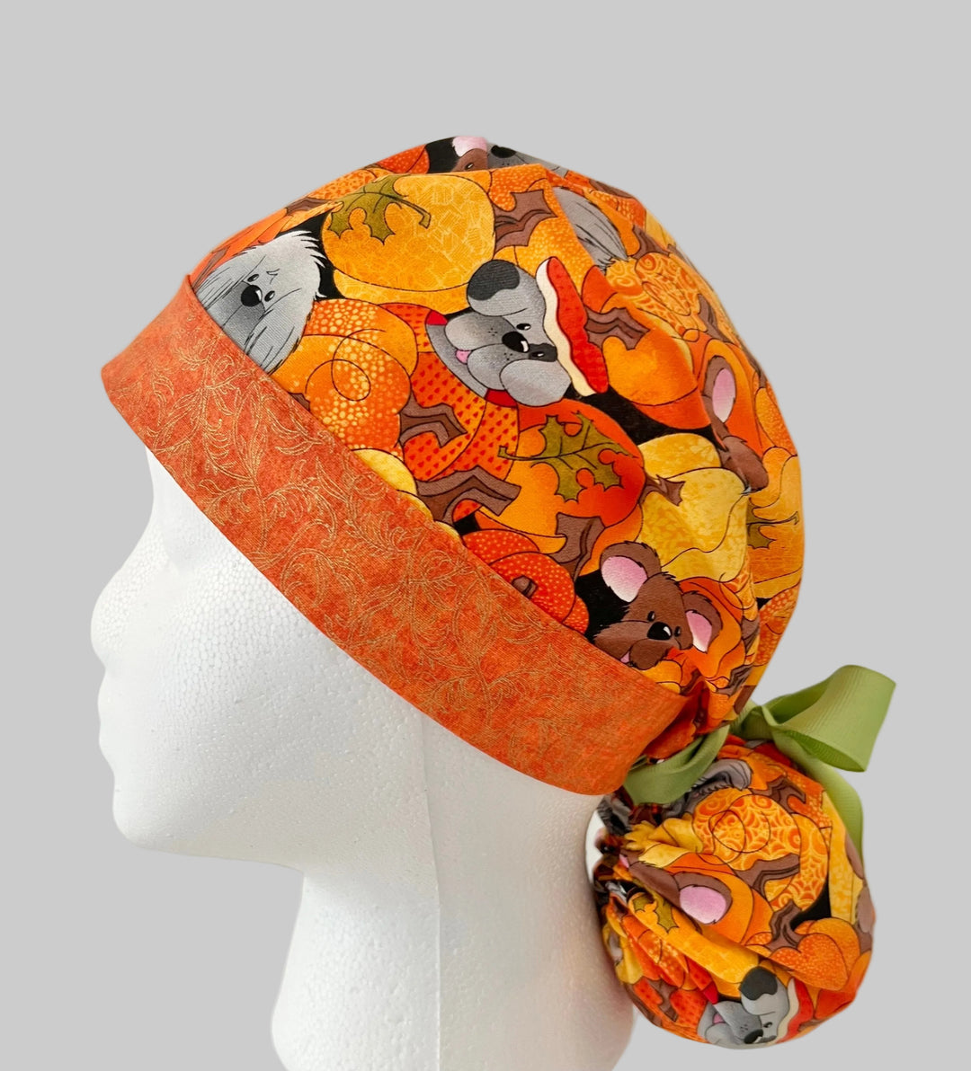 Ponytail Fall Dog Scrub Cap | Autumn Pumpkin Puppy Surgical Hat | Adjustable OR Cap for Nurses &amp; Surgeons | Orange Contrast Band | Satin Lining Option |Side View 1