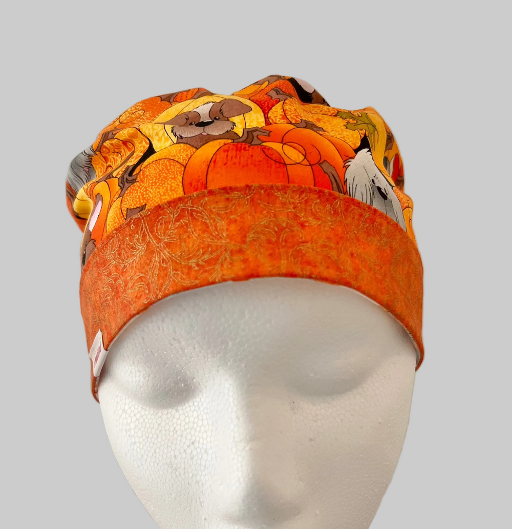 Ponytail Fall Dog Scrub Cap | Autumn Pumpkin Puppy Surgical Hat | Adjustable OR Cap for Nurses & Surgeons | Orange Contrast Band | Satin Lining Option | Front View