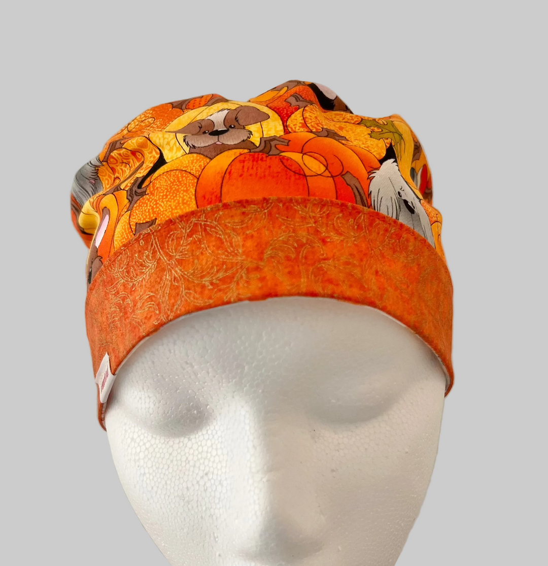 Ponytail Fall Dog Scrub Cap | Autumn Pumpkin Puppy Surgical Hat | Adjustable OR Cap for Nurses &amp; Surgeons | Orange Contrast Band | Satin Lining Option | Front View
