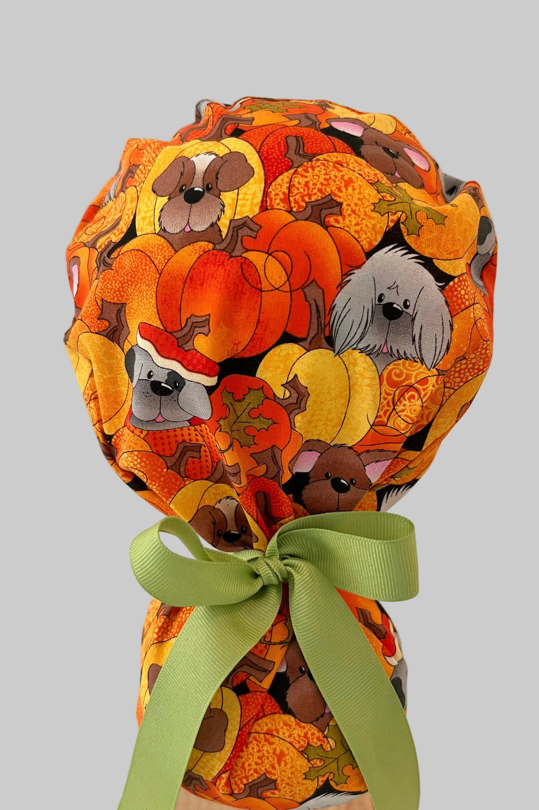 Ponytail Fall Dog Scrub Cap | Autumn Pumpkin Puppy Surgical Hat | Adjustable OR Cap for Nurses & Surgeons | Orange Contrast Band | Satin Lining Option | Back View