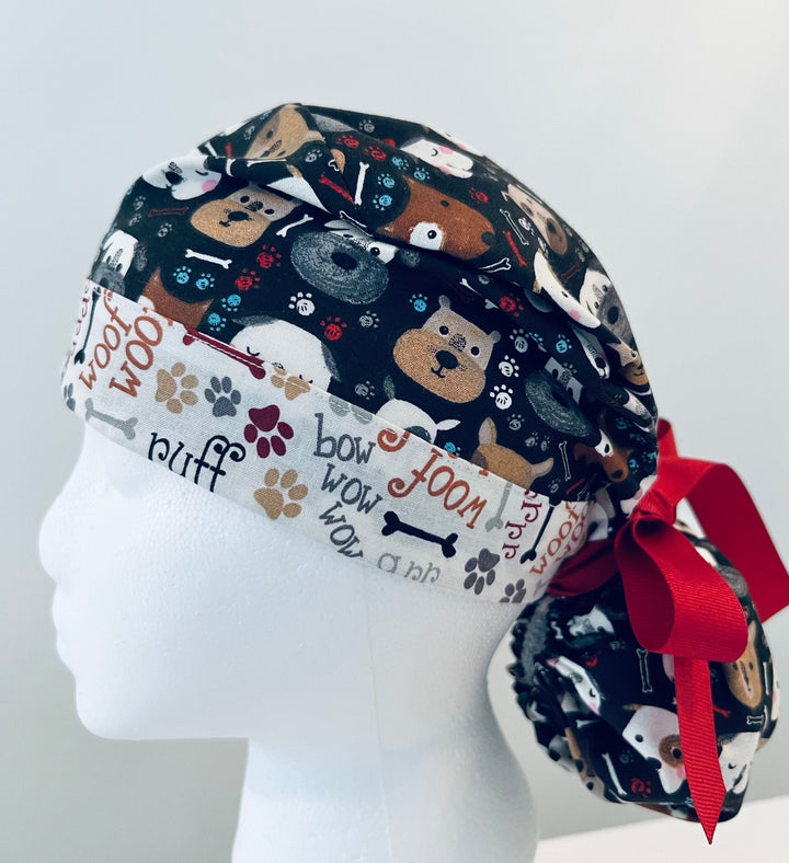 Ponytail Scrub Cap for Women Puppy Dog Lover Surgical Hat Dog Print Nurse Scrub Cap Veterinary Scrub Cap Surgical Tech Scrub Cap Long Hair Adjustable Handmade OR World Scrub Caps