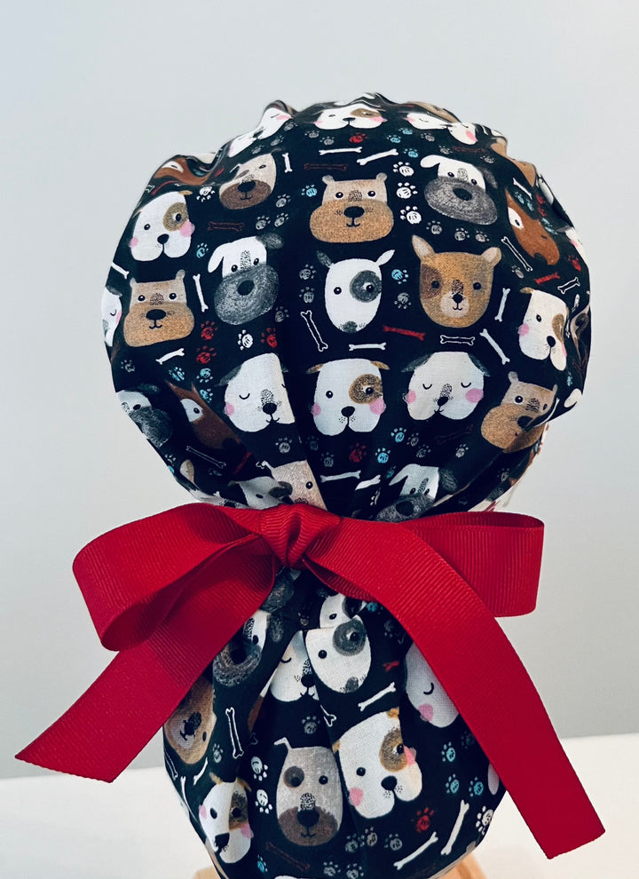 Ponytail Scrub Cap for Women Puppy Dog Lover Surgical Hat Dog Print Nurse Scrub Cap Veterinary Scrub Cap Surgical Tech Scrub Cap Long Hair Adjustable Handmade OR World Scrub Caps