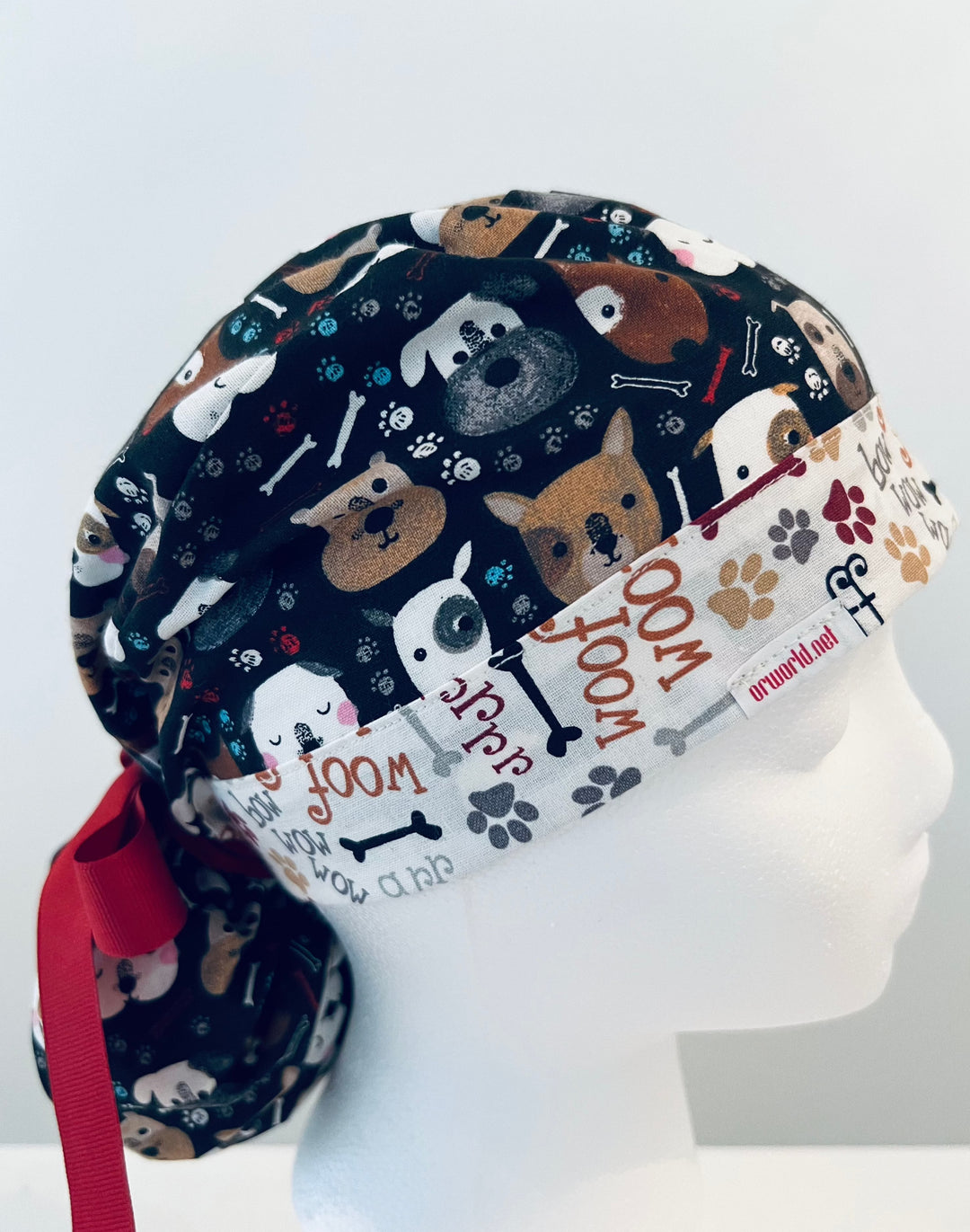 Ponytail Scrub Cap for Women Puppy Dog Lover Surgical Hat Dog Print Nurse Scrub Cap Veterinary Scrub Cap Surgical Tech Scrub Cap Long Hair Adjustable Handmade OR World Scrub Caps