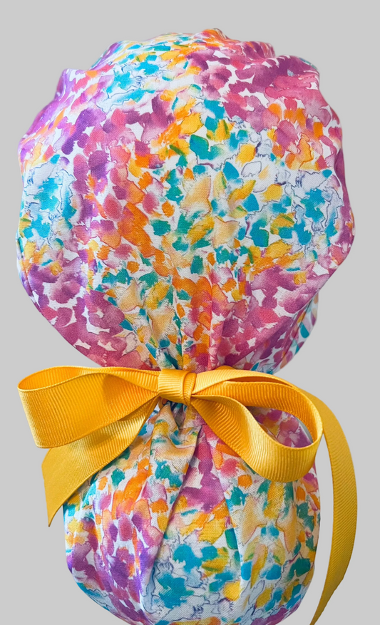 Colorful Floral Ponytail Scrub Cap – Pink Teal Watercolor Surgical Hat, Nurse Ponytail Cap, Tie Back Scrub Hat