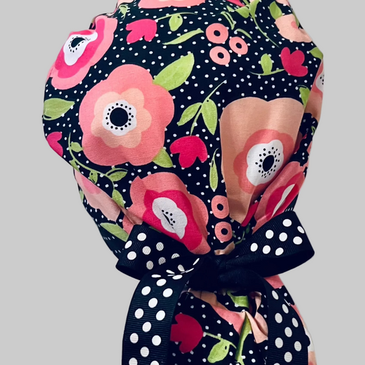 Ponytail Scrub Cap for Women Floral Polka Dot Surgical Hat Flower Print Nurse Scrub Cap Surgical Tech Scrub Cap Long Hair Adjustable Handmade OR World Scrub Caps