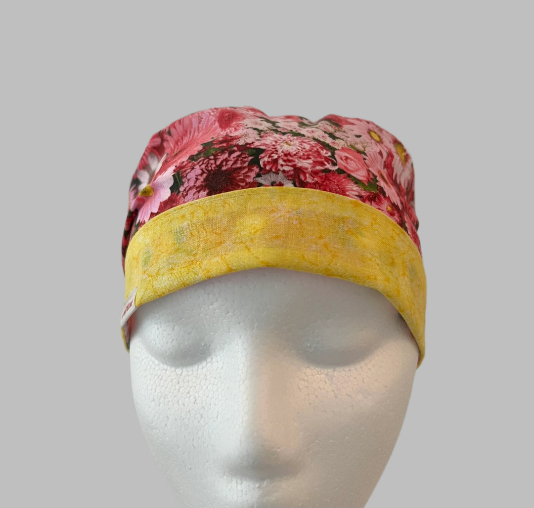 Ponytail Scrub Cap for Women Pink Daisy Floral Surgical Hat Yellow Band Flower Print Nurse Scrub Cap Surgical Tech Scrub Cap Long Hair Adjustable Handmade OR World Scrub Caps