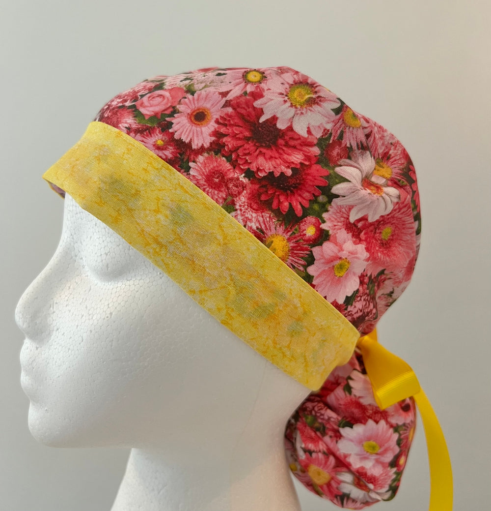 Ponytail Scrub Cap for Women Pink Daisy Floral Surgical Hat Yellow Band Flower Print Nurse Scrub Cap Surgical Tech Scrub Cap Long Hair Adjustable Handmade OR World Scrub Caps