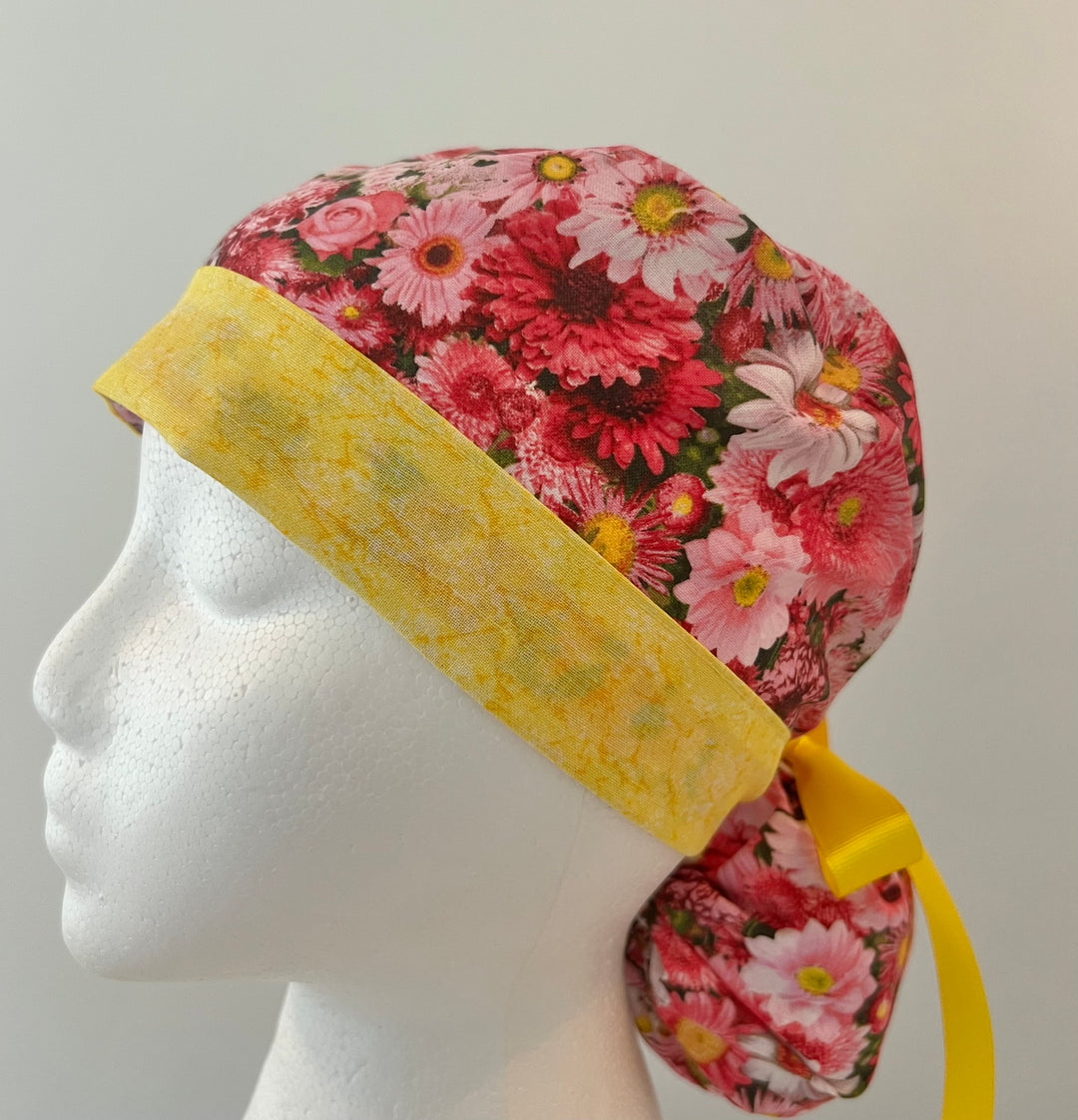 Ponytail Scrub Cap for Women Pink Daisy Floral Surgical Hat Yellow Band Flower Print Nurse Scrub Cap Surgical Tech Scrub Cap Long Hair Adjustable Handmade OR World Scrub Caps