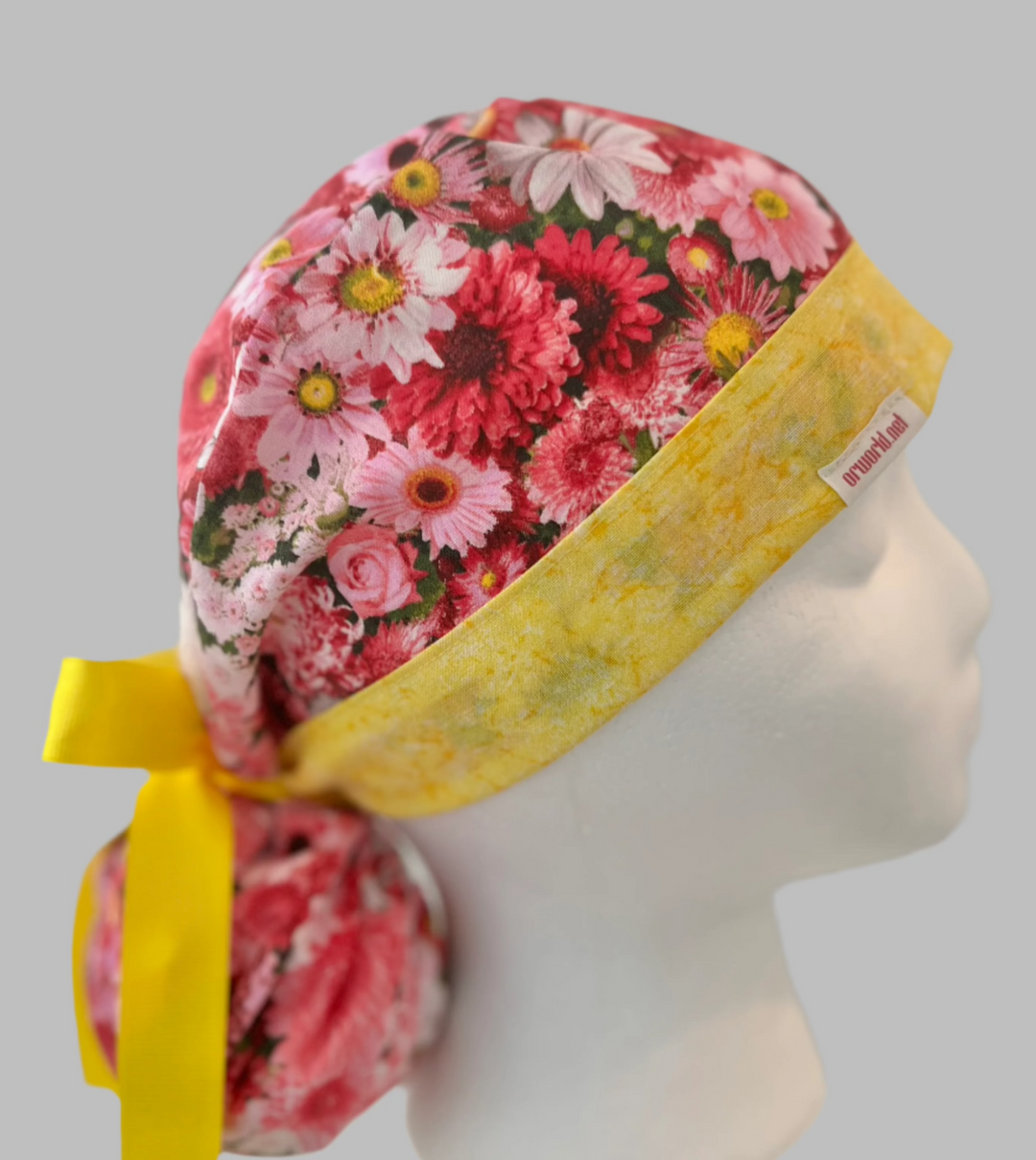 Ponytail Scrub Cap for Women Pink Daisy Floral Surgical Hat Yellow Band Flower Print Nurse Scrub Cap Surgical Tech Scrub Cap Long Hair Adjustable Handmade OR World Scrub Caps