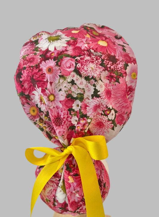 Ponytail Scrub Cap for Women Pink Daisy Floral Surgical Hat Yellow Band Flower Print Nurse Scrub Cap Surgical Tech Scrub Cap Long Hair Adjustable Handmade OR World Scrub Caps