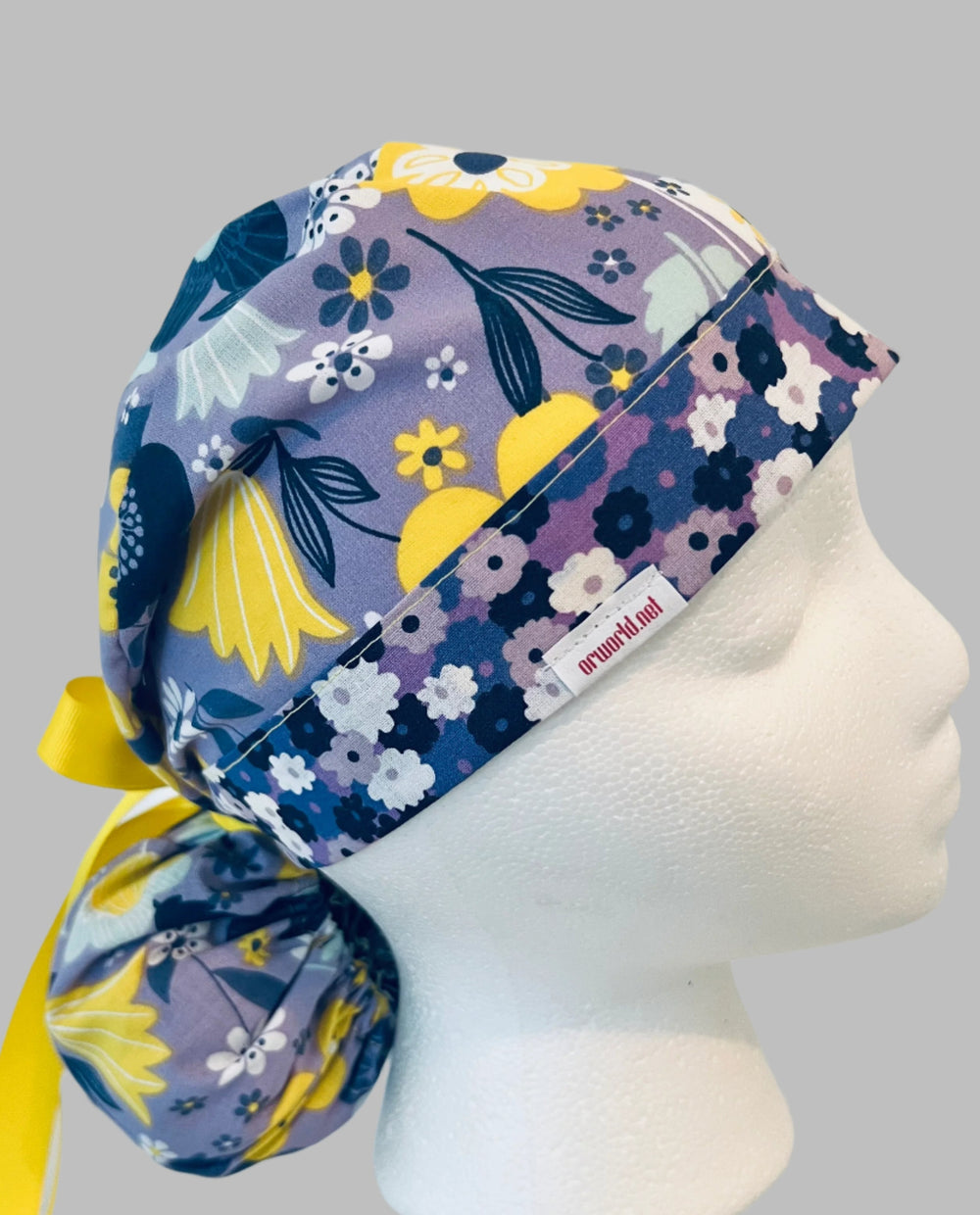 Ponytail Scrub Cap for Women Purple Yellow Floral Summer Surgical Hat Wildflower Nurse Scrub Cap Surgical Tech Scrub Cap Long Hair Adjustable Handmade OR World Scrub Caps