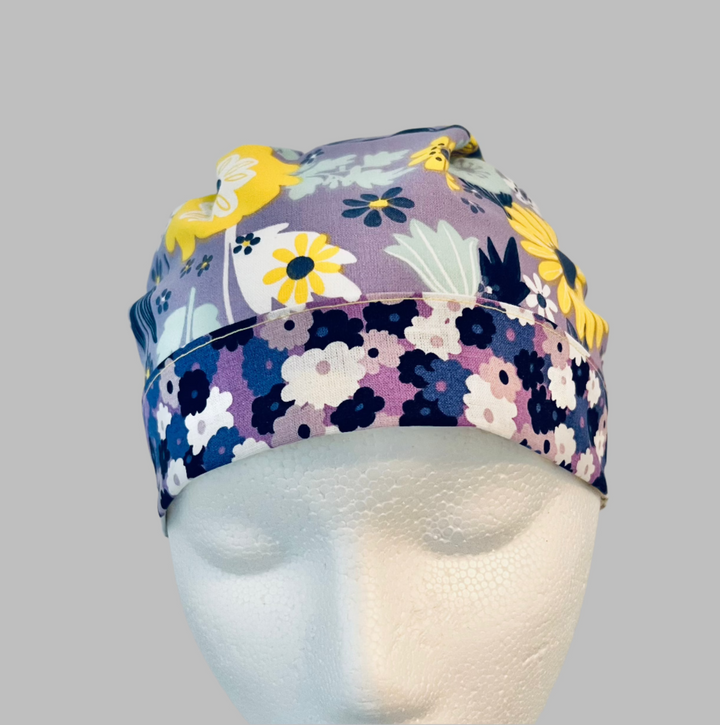 Ponytail Scrub Cap for Women Purple Yellow Floral Summer Surgical Hat Wildflower Nurse Scrub Cap Surgical Tech Scrub Cap Long Hair Adjustable Handmade OR World Scrub Caps
