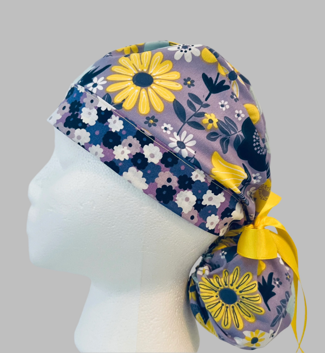 Ponytail Scrub Cap for Women Purple Yellow Floral Summer Surgical Hat Wildflower Nurse Scrub Cap Surgical Tech Scrub Cap Long Hair Adjustable Handmade OR World Scrub Caps