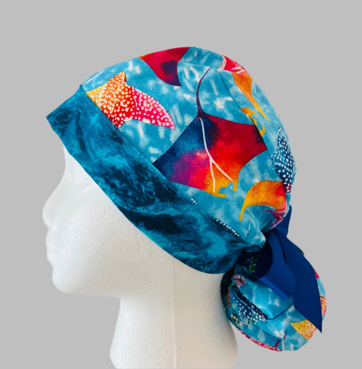 Manta Ray Ponytail Scrub Cap – Ocean Stingray Nurse Hat, Colorful Sea Life Surgical Cap, Beachy Medical Cap