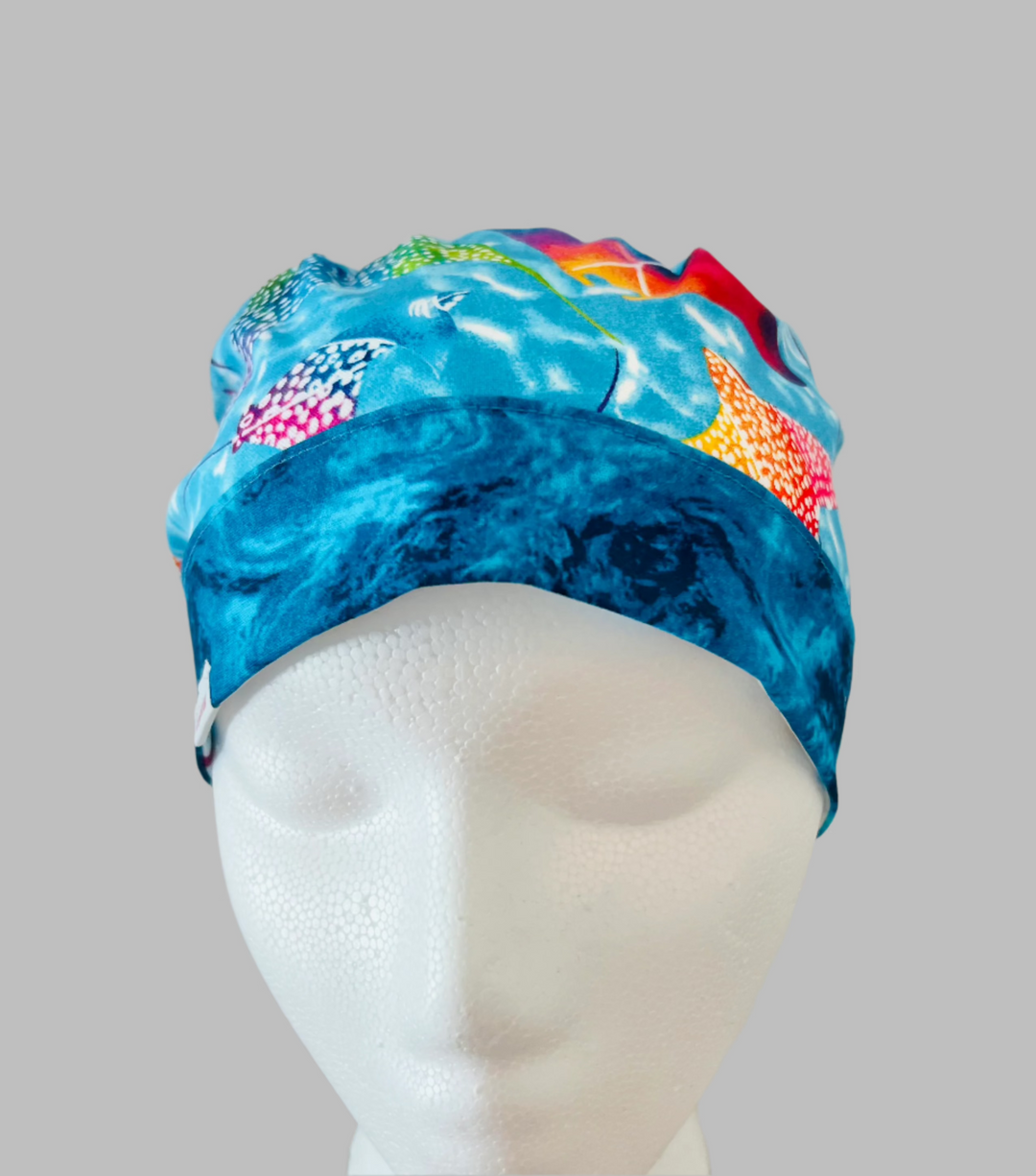 Manta Ray Ponytail Scrub Cap – Ocean Stingray Nurse Hat, Colorful Sea Life Surgical Cap, Beachy Medical Cap