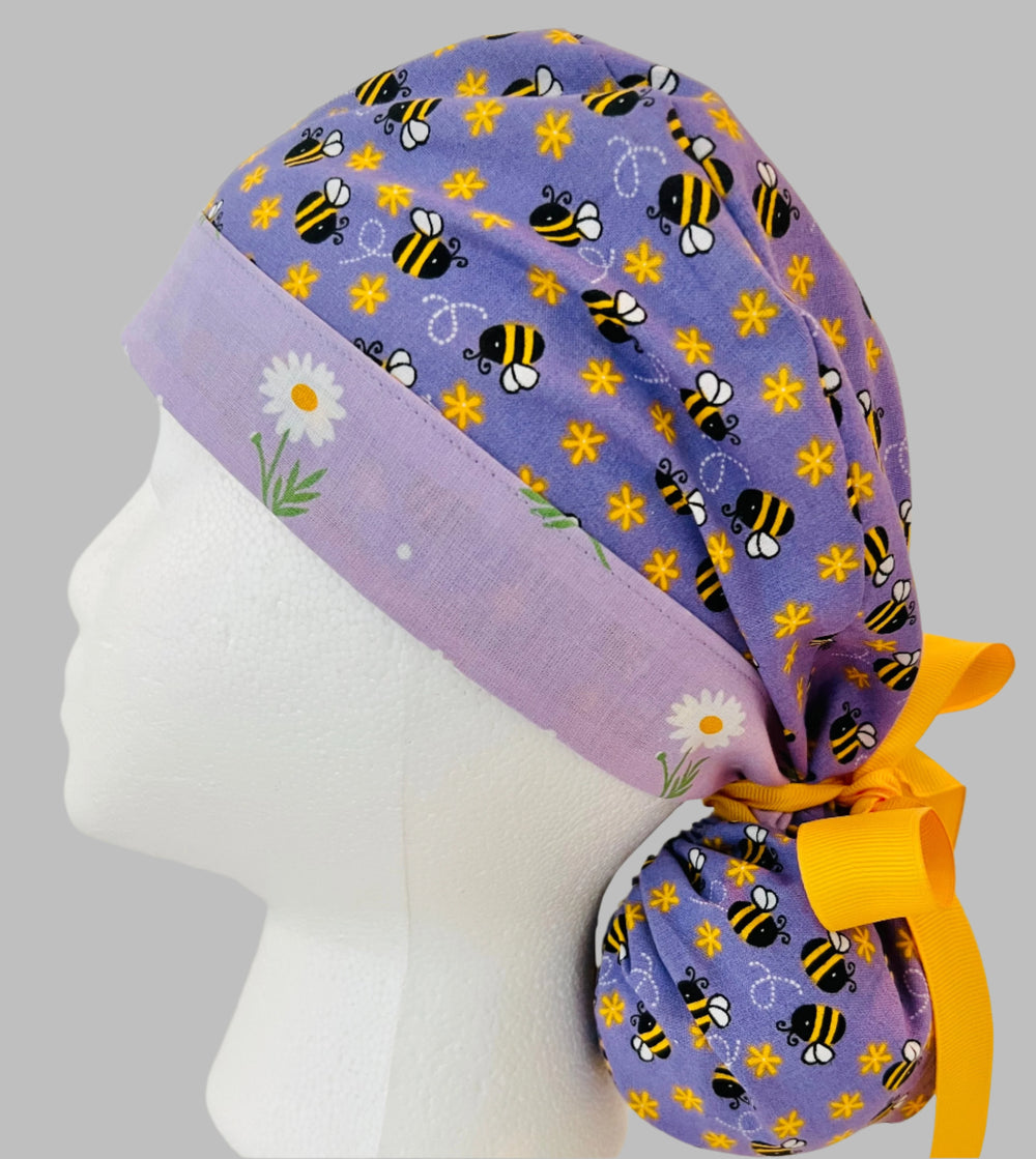 Purple Bee Ponytail Scrub Cap – Daisy Floral Surgical Hat for Women, Adjustable Tie Back, Nurse Cap, OR Hat