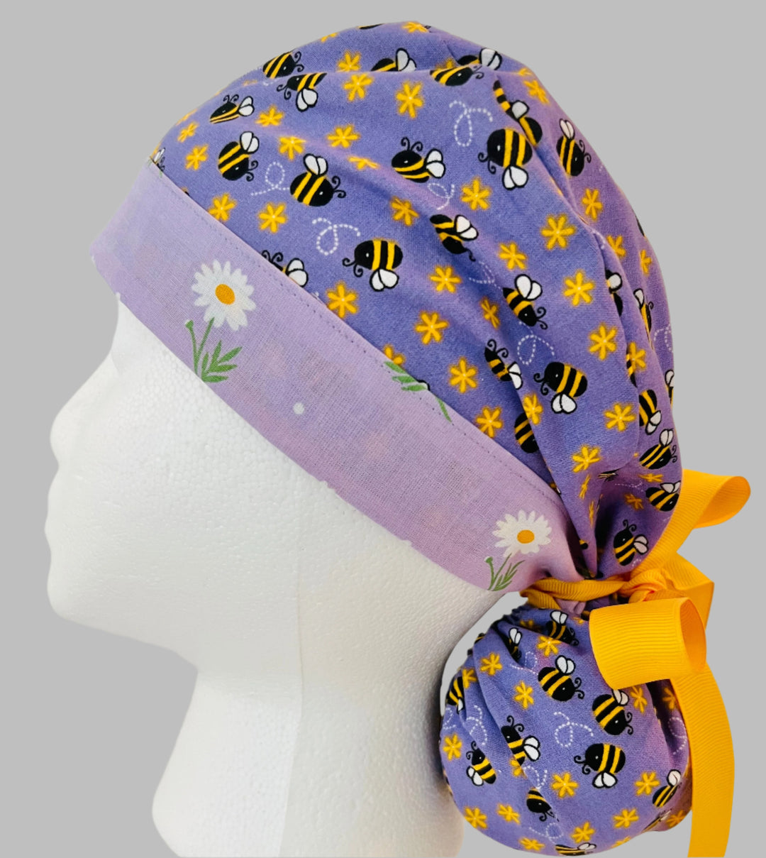 Purple Bee Ponytail Scrub Cap – Daisy Floral Surgical Hat for Women, Adjustable Tie Back, Nurse Cap, OR Hat
