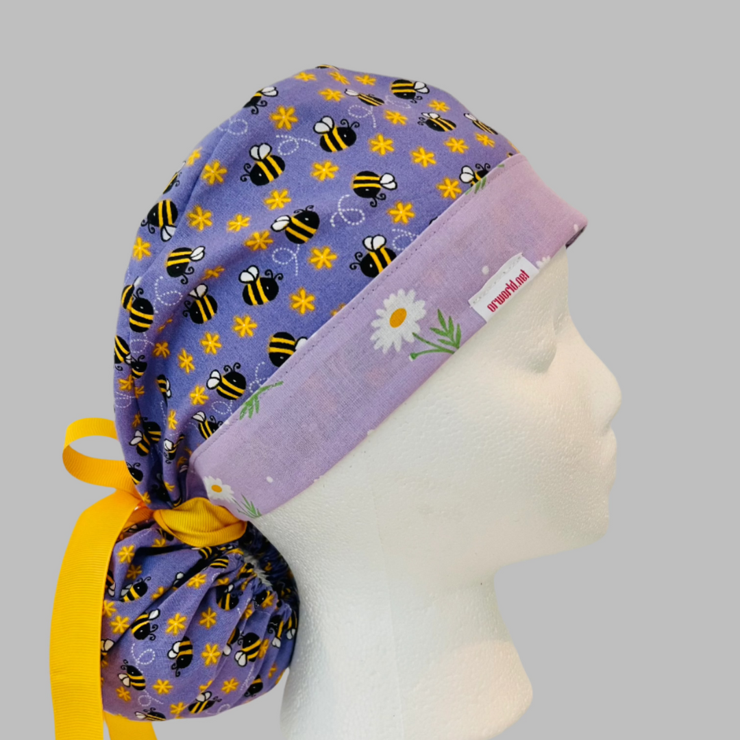 Purple Bee Ponytail Scrub Cap – Daisy Floral Surgical Hat for Women, Adjustable Tie Back, Nurse Cap, OR Hat