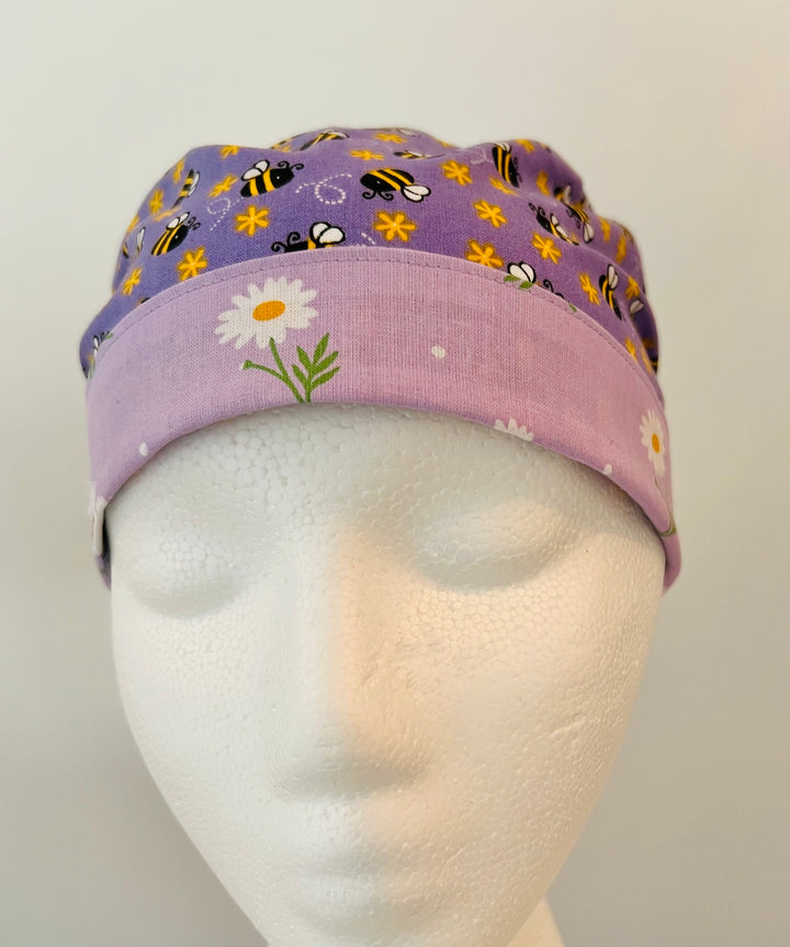 Purple Bee Ponytail Scrub Cap – Daisy Floral Surgical Hat for Women, Adjustable Tie Back, Nurse Cap, OR Hat