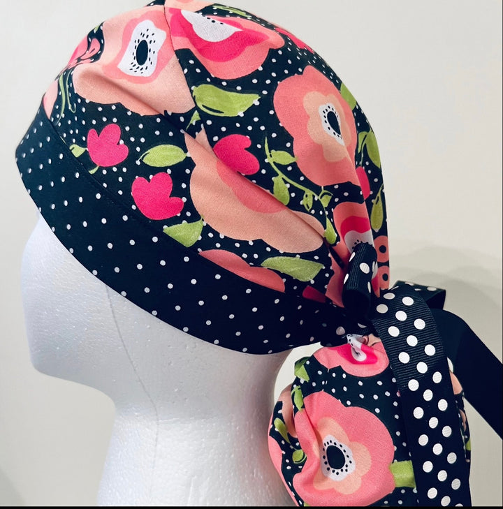 Ponytail Scrub Cap for Women Floral Polka Dot Surgical Hat Flower Print Nurse Scrub Cap Surgical Tech Scrub Cap Long Hair Adjustable Handmade OR World Scrub Caps left side view