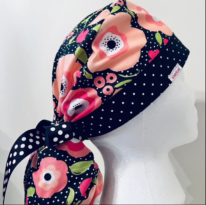 Ponytail Scrub Cap for Women Floral Polka Dot Surgical Hat Flower Print Nurse Scrub Cap Surgical Tech Scrub Cap Long Hair Adjustable Handmade OR World Scrub Caps